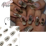 24Pcs Y2K Fake Nails Gradient Gray Star Printed Design Short Coffin Ballet For Girls Manicure