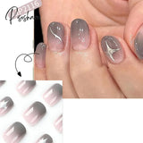 24Pcs Y2K Fake Nails Gradient Gray Star Printed Design Short Coffin Ballet For Girls Manicure