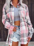 Plus Size Women's Long Sleeve Plaid Shirt - Casual Lapel Collar Button-Down Blouse with Non-Stretch Polyester Blend Fabric for All Seasons