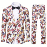 2-Piece Semi-Formal Floral Print Suit Set - Stylish Jacket and Matching Dress Pants for Dinner, Wedding, Party Occasions - Classic Fit, Comfortable, Versatile, and Elegant