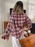 Women's Casual Plaid Shirt, Autumn American Vintage Style, Long Sleeve Polyester Blend, Collared, Button-Up, Versatile Top for Spring/Autumn, Adult Fashion