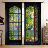 2 Pieces Industrial Wooden French Window with Landscape Glass Printing, Translucent Curtains, Green Plants Outside, for Living Room, Bedroom, Home Decoration, Sunscreen