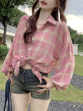 Spring-Ready Plus Size Plaid Print Button Front Long Sleeve Shirt for Women - Casual, Comfortable, and Chic