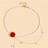[Red Faux Pearl Cubic Zirconia] Elegant Red Rose Faux Pearl Necklace with Cubic Zirconia - Perfect Valentine's Gift for Girlfriend, Suitable for Parties and Daily Wear