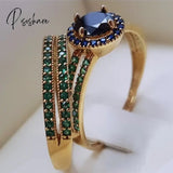 2Pcs/Set Noble Gold Color Hip Hop Ring For Women Exquisite Inlaid Zircon Green Crystal Wedding