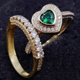 2Pcs/Set Noble Gold Color Hip Hop Ring For Women Exquisite Inlaid Zircon Green Crystal Wedding