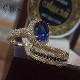 2Pcs/Set Noble Gold Color Hip Hop Ring For Women Exquisite Inlaid Zircon Green Crystal Wedding