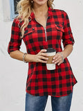 Long Sleeve Plaid Print Half Zip Casual Rollable Blouse, Women's Clothing