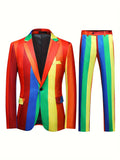 2-Piece Mens Rainbow Striped Suit Set - Classic One-Button Jacket and Matching Dress Pants for Formal Dinner Events and Wedding Parties