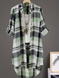 Long Sleeve Plaid Print Button Front Casual Shirt for Spring & Fall, Women's High-low Blouse