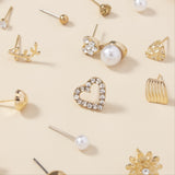 30 Pairs Alloy Full Rhinestones Love Round Faux Pearl Letter Stud Earrings Set