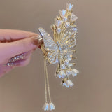 Golden-Tone Vintage Zinc Alloy Hair Clip - Elegant Butterfly, Floral Rhinestone, Imitation Pearl Tassels for Sophisticated Updos, Wedding Hairpiece