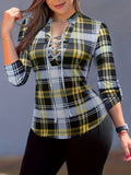 Elegant Plaid V-neck Tie-Front Blouse – Versatile, Breathable & Easy-Care Women's Top for Spring/Fall