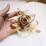 Elegant Champagne Rose & Faux Pearl Stretch Bracelet - Chic Polyester Fabric Wrist Corsage For Bridesmaids And Brides