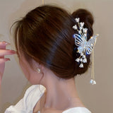 Golden-Tone Vintage Zinc Alloy Hair Clip - Elegant Butterfly, Floral Rhinestone, Imitation Pearl Tassels for Sophisticated Updos, Wedding Hairpiece