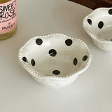 Chic Black & White Polka Dot Ceramic Bowl - 13.53oz, Wavy Edge Design for Oatmeal, Ice Cream | Microwave Safe, Perfect for Home Kitchens, Dessert Shops, and Dorm Decor, Ins Style, Dessert Bowl, Ceramic, Wavy Edge