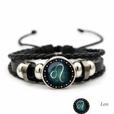 Luminous Twelve Constellation Artificial Gemstone Bracelet, Beaded Rope PU Leather 12 Constellation Woven Bracelet