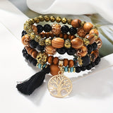 4pcs/set Tree Of Life Pendant Multilayer Beaded Bracelet Round Bead Wooden Bead Bracelet Bohemian Ethnic Jewelry Accessories Handmade -A Stylish Accessory, Father's Day Gift