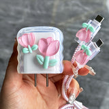 [TPU Tulip Case for iPhone Gift] 5pcs Set, 3D Tulip Flower Charger Case with Cable Holder, TPU Material, for iPhone, Ideal Gift for Girlfriend, No Battery Included