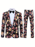 2-Piece Semi-Formal Floral Print Suit Set - Stylish Jacket and Matching Dress Pants for Dinner, Wedding, Party Occasions - Classic Fit, Comfortable, Versatile, and Elegant