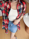 Long Sleeve Plaid Print Button Front Casual Shirt for Spring & Fall, Women's High-low Blouse