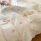 3Pcs Rose Embroidered Duvet Cover Set (1*Duvet + 2*Pillowcase Without Core) Princess Style Lace