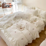 3Pcs Rose Embroidered Duvet Cover Set (1*Duvet + 2*Pillowcase Without Core) Princess Style Lace