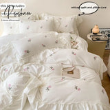 3pcs Rose Embroidered Duvet Cover Set (1*Duvet Cover + 2*Pillowcase, Without Core), Princess Style Lace Bedding Set