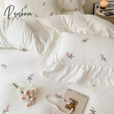 3Pcs Rose Embroidered Duvet Cover Set (1*Duvet + 2*Pillowcase Without Core) Princess Style Lace