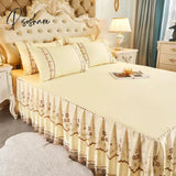 3Pcs Set Soft Lace Bed Skirt King Queen Size Bedspread Solid Color Luxury Princess Romantic Spread