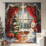 2PCS Christmas Vintage Wooden Cabin Cute Snowman Decorative Curtains, Rod Pocket Decorative Light-Filtering Kitchen Living Room Office Bedroom Home Decor Curtains