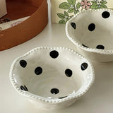 Chic Black & White Polka Dot Ceramic Bowl - 13.53oz, Wavy Edge Design for Oatmeal, Ice Cream | Microwave Safe, Perfect for Home Kitchens, Dessert Shops, and Dorm Decor, Ins Style, Dessert Bowl, Ceramic, Wavy Edge
