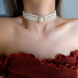 Multi-layered Imitation Pearl Diamond Necklace Collarbone Chain Design Sense Internet Celebrity Rhinestone Short Necklace Collarbone Chain Korean Style
