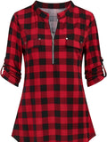 Long Sleeve Plaid Print Half Zip Casual Rollable Blouse, Women's Clothing