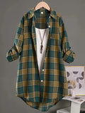 Plus Size Womens Casual Plaid Shirt - Lapel Collar, Dipped Hem, Non-Stretch Cotton, Semi-Sheer, Long Sleeve, Button Front, Woven, Perfect for All Seasons