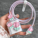 [TPU Tulip Case for iPhone Gift] 5pcs Set, 3D Tulip Flower Charger Case with Cable Holder, TPU Material, for iPhone, Ideal Gift for Girlfriend, No Battery Included