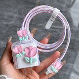 [TPU Tulip Case for iPhone Gift] 5pcs Set, 3D Tulip Flower Charger Case with Cable Holder, TPU Material, for iPhone, Ideal Gift for Girlfriend, No Battery Included