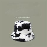 Cow Print Furry Bucket Hat Winter Warm Y2K Fluffy Fisherman Cap Plush Faux Fur Hats For Women Teens Girls