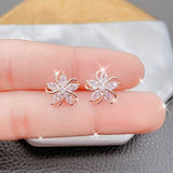 Exquisite Flower Design With Shiny zirconia Decor Stud Earrings Sexy Cute Style Copper 14K Gold Plated Jewelry Female Gift