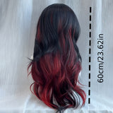 24-Inch Women's Wig with Red Highlights & Black Wavy Long Curly Hair, Heat-Resistant Synthetic Fiber, Elegant Golden Chain & Pearl Accents, Perfect for Parties, Cosplay, and Casual Attire, All Head Sizes Rose Net Cap, Fashion