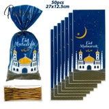 50Pcs Eid Mubarak Gift Bags Moon Mosque Plastic Candy Treat Bag Ramadan Muslim Festival Party Favor