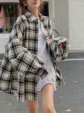 Women's Plus Size Plaid Shirt, Polyester Blend, Button-Down, Non-Stretch, Seasonal, Casual Top, Oversized, Korean Style, Checkered Pattern, Woven Fabric