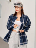 Women's Casual Plaid Shirt, Autumn American Vintage Style, Long Sleeve Polyester Blend, Collared, Button-Up, Versatile Top for Spring/Autumn, Adult Fashion