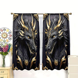 2pc, Majestic Dragon Print Curtains, Black and Golden 3D Totem, Rod Pocket Installation, Digital Print Polyester, Semi-Transparent, for Living Room, Kitchen, Bedroom, Study, Home Decor, Vintage Style, Machine Washable, Animal