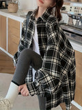 Women's Plus Size Plaid Shirt, Polyester Blend, Button-Down, Non-Stretch, Seasonal, Casual Top, Oversized, Korean Style, Checkered Pattern, Woven Fabric