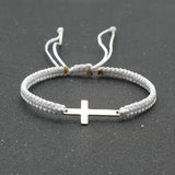 1pc Mens Hand Braided Stainless Steel Cross Patchwork Bracelet Anti-Allergy Acrylic Fibers Rope Bracelet