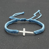 1pc Mens Hand Braided Stainless Steel Cross Patchwork Bracelet Anti-Allergy Acrylic Fibers Rope Bracelet