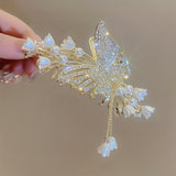 Golden-Tone Vintage Zinc Alloy Hair Clip - Elegant Butterfly, Floral Rhinestone, Imitation Pearl Tassels for Sophisticated Updos, Wedding Hairpiece
