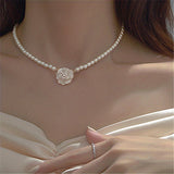 Elegant Camellia Flower Pendant Necklace with White Faux Pearls - Chic Resin Clavicle Chain for Women | Ideal for Daily Wear & Gifting, Flower Necklace