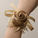 Elegant Champagne Rose & Faux Pearl Stretch Bracelet - Chic Polyester Fabric Wrist Corsage For Bridesmaids And Brides